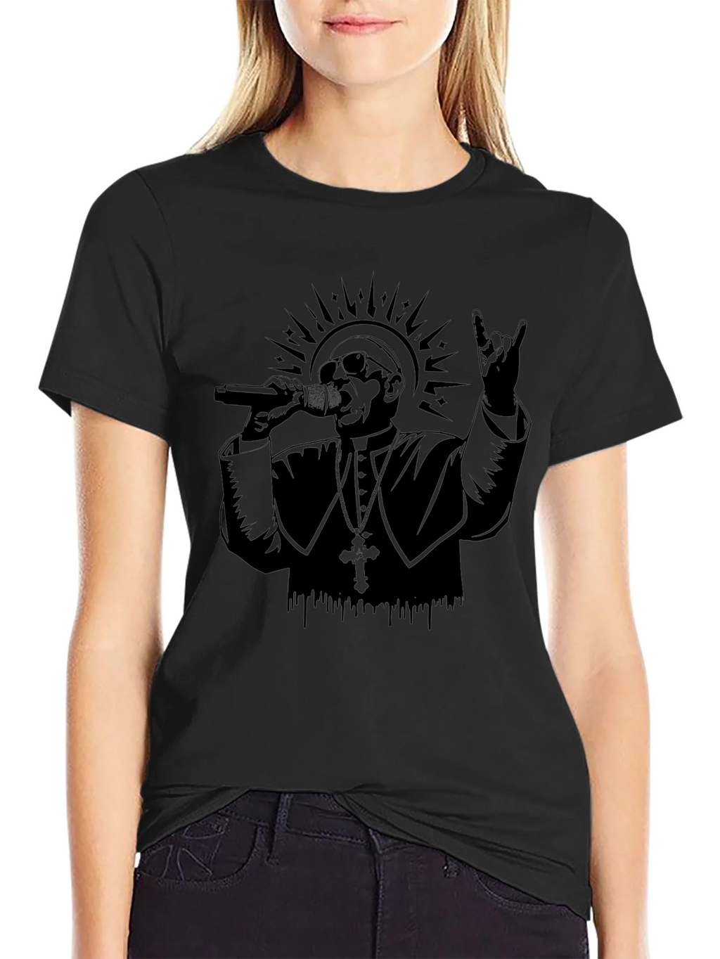 Rocker Pope Graphic Tee - Black Cotton T-Shirt product image 2