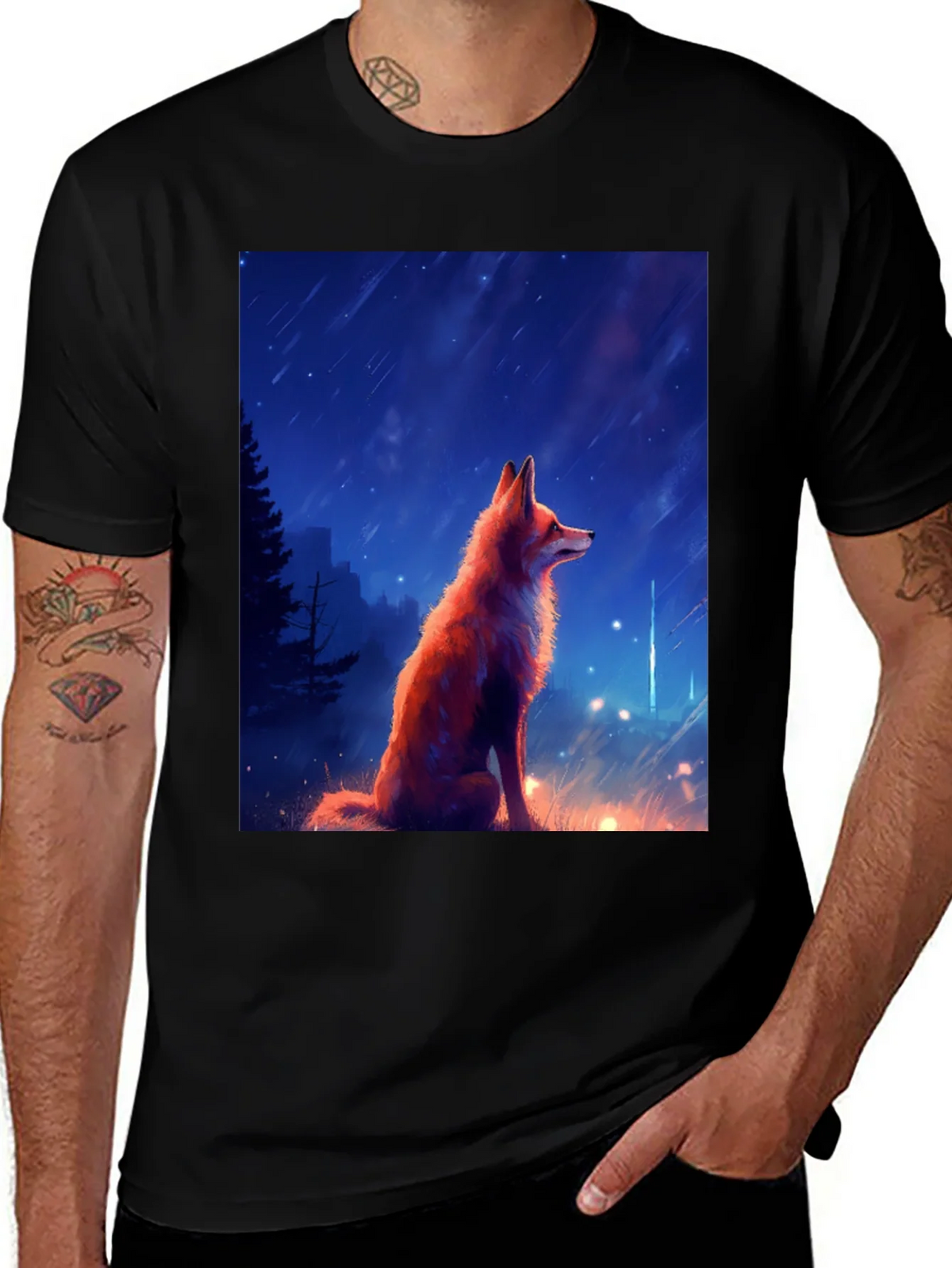 Fox in Starlight Black T-Shirt - Artistic Design product image 1