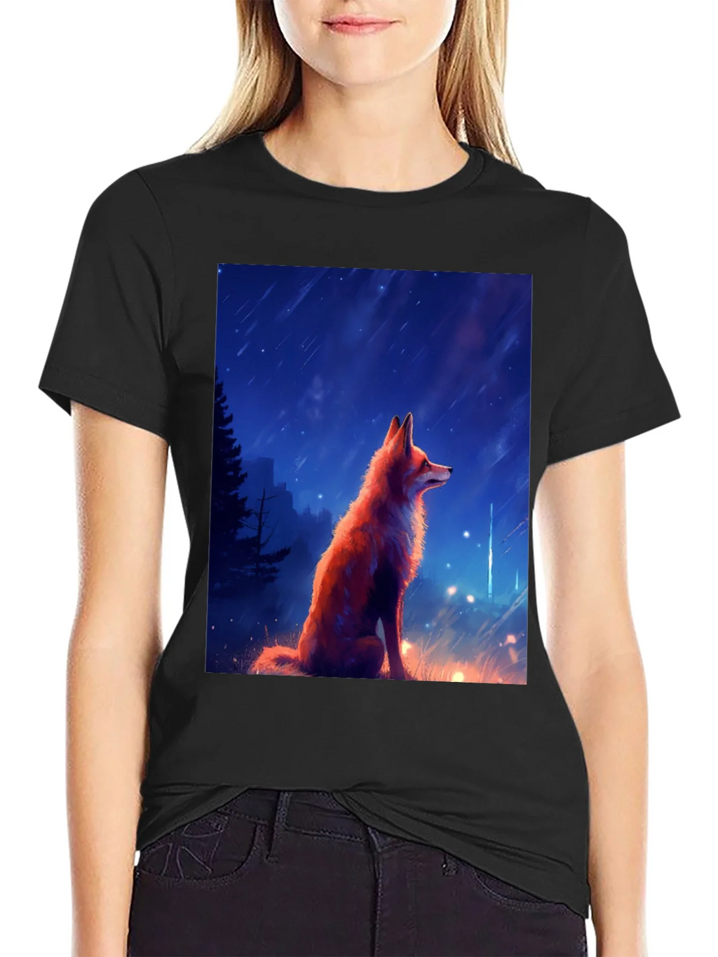 Fox in Starlight Black T-Shirt - Artistic Design product image 2