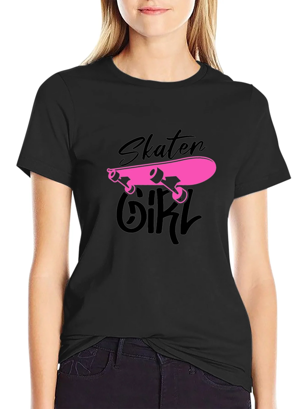 Skater Girl Graphic Tee - Black Cotton T-Shirt product image 2
