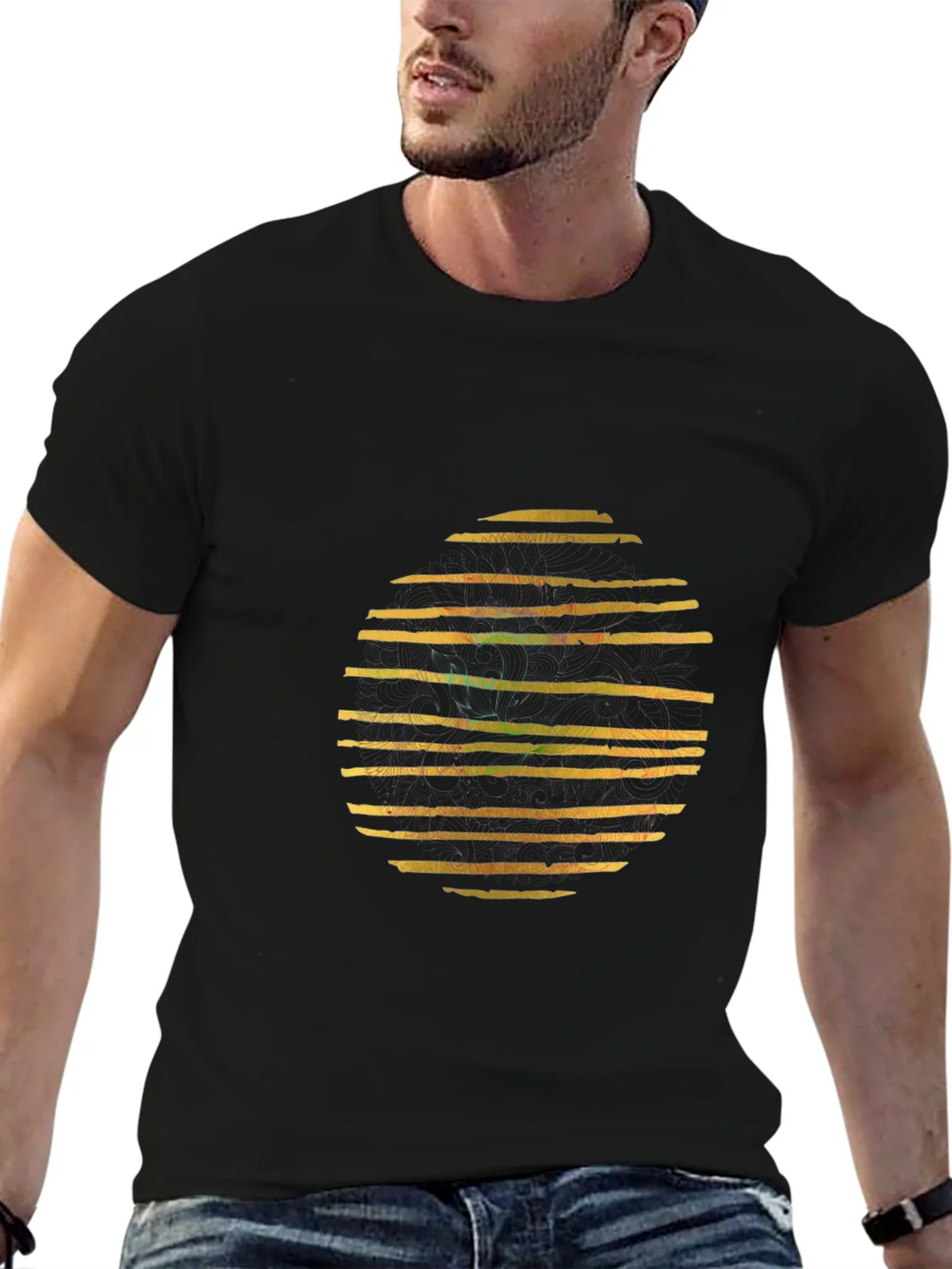 Abstract Striped Circle Graphic Black T-Shirt product image 6