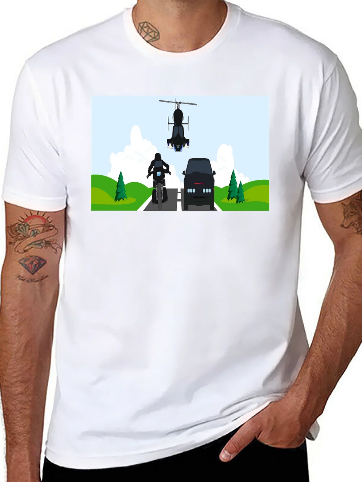 Graphic Tee: Motorcycle & Helicopter Chase product image 7