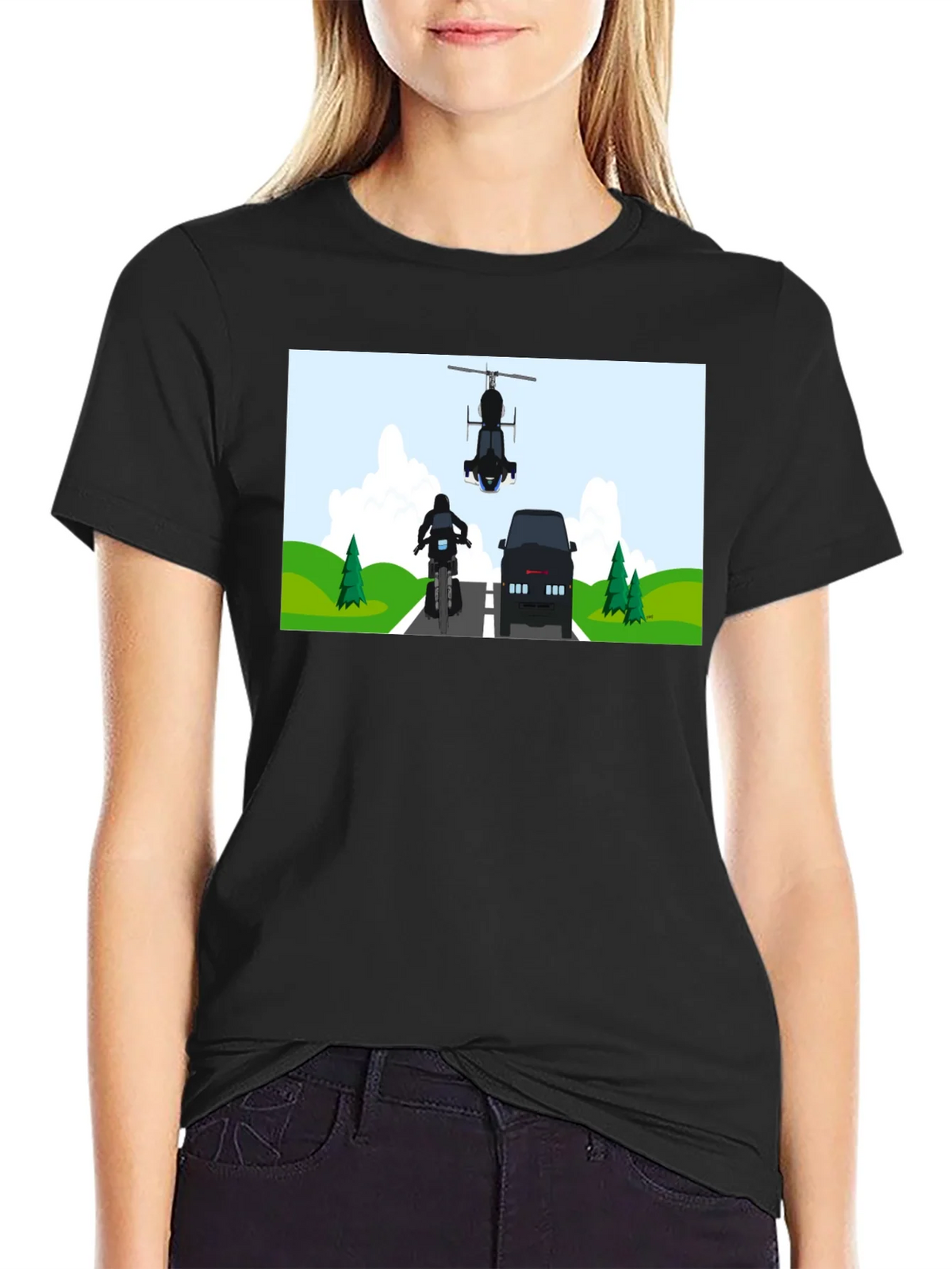 Graphic Tee: Motorcycle & Helicopter Chase product image 2
