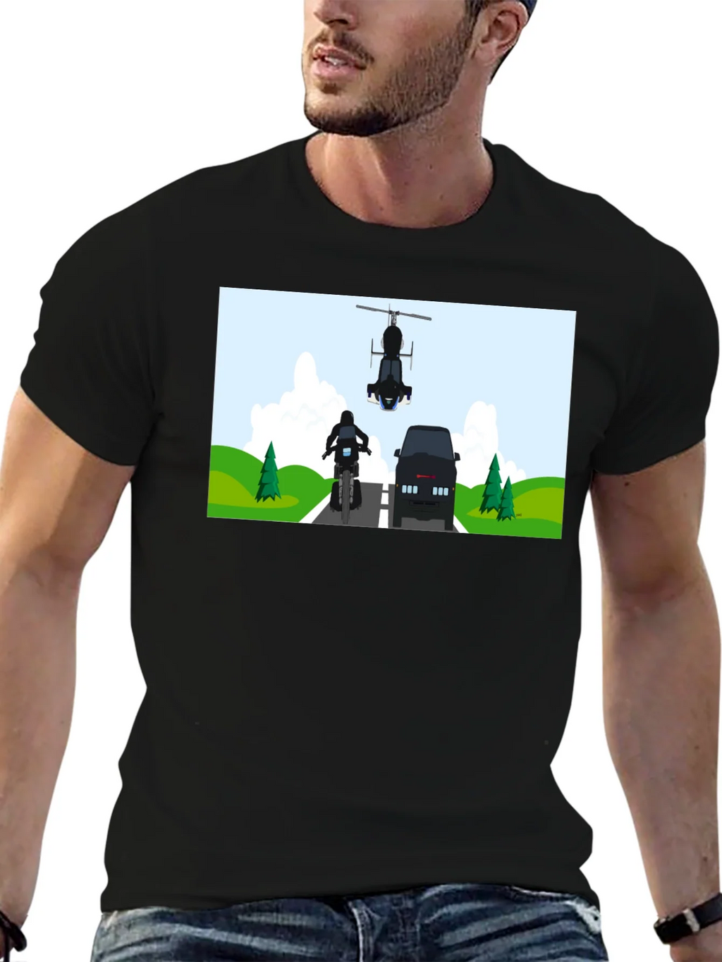 Graphic Tee: Motorcycle & Helicopter Chase product image 6