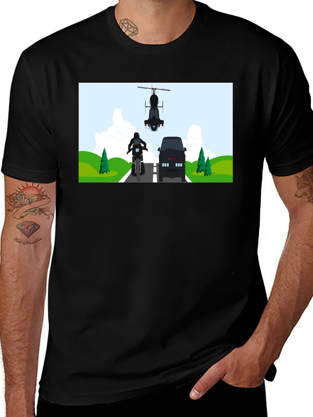 Graphic Tee: Motorcycle & Helicopter Chase product image 1