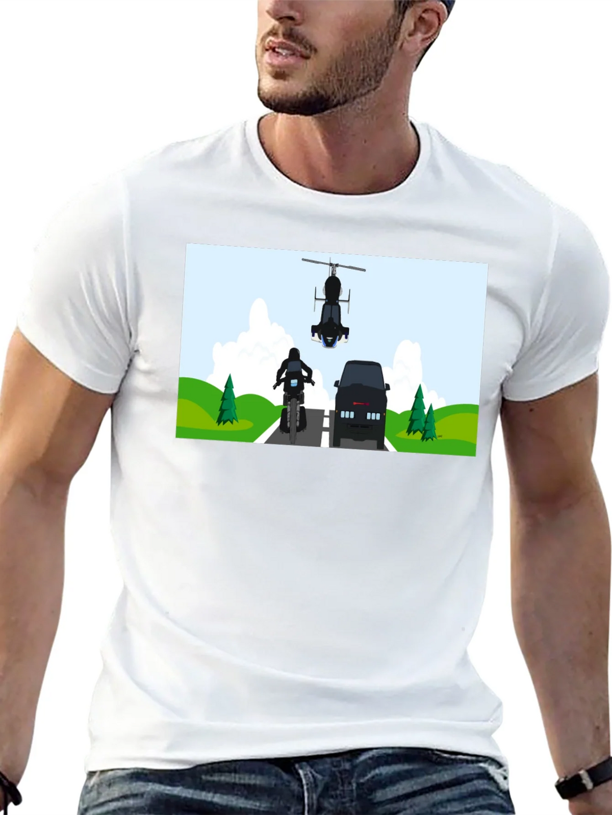 Graphic Tee: Motorcycle & Helicopter Chase product image 12