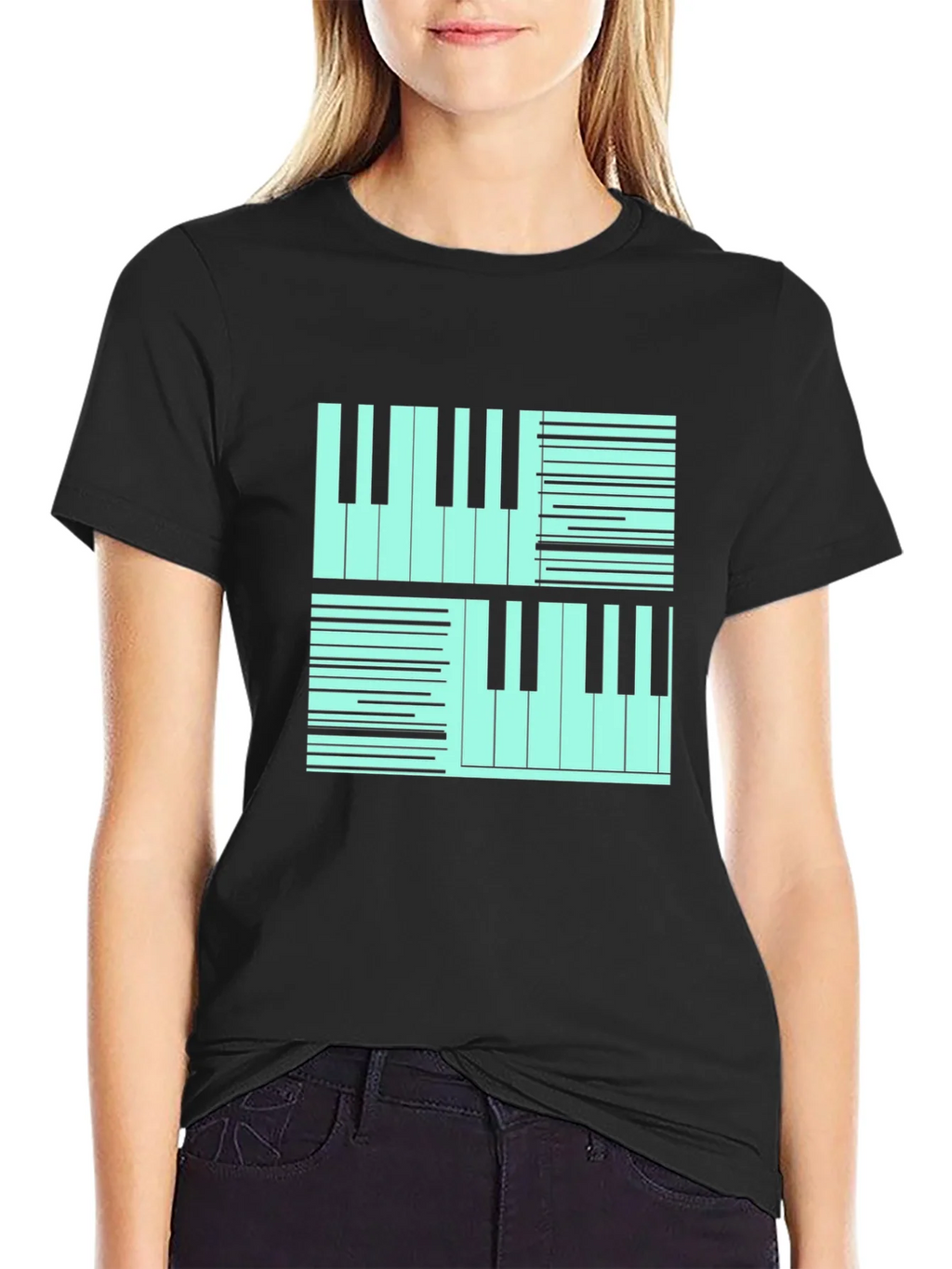 Cool Piano Keys Graphic Print Black T-Shirt product image 2