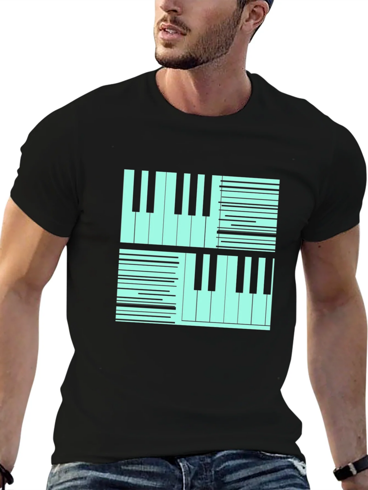 Cool Piano Keys Graphic Print Black T-Shirt product image 6