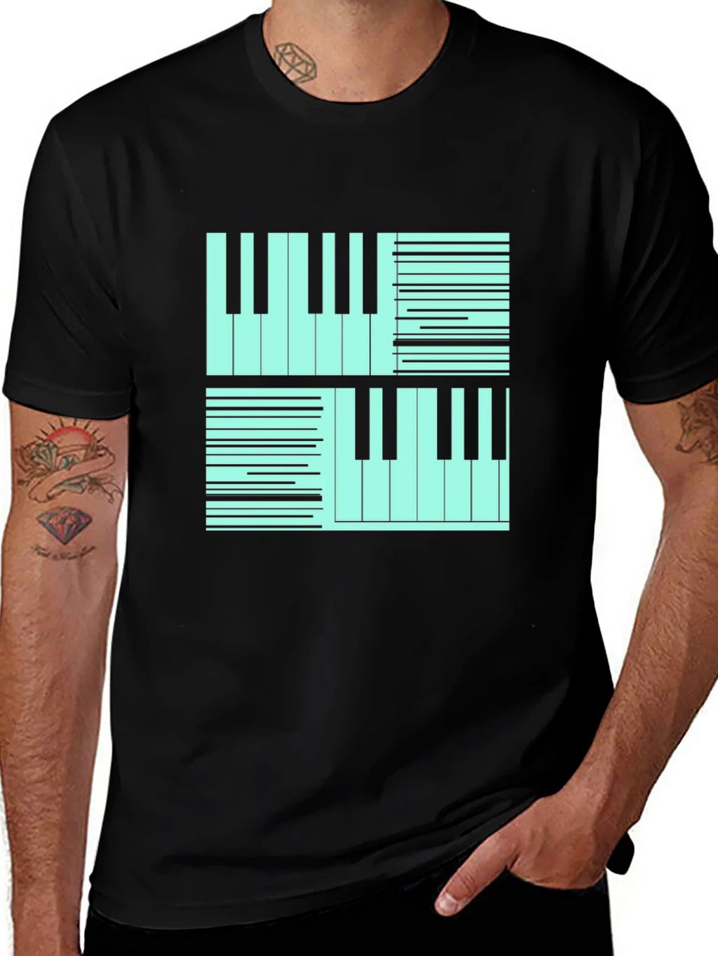 Cool Piano Keys Graphic Print Black T-Shirt product image 1