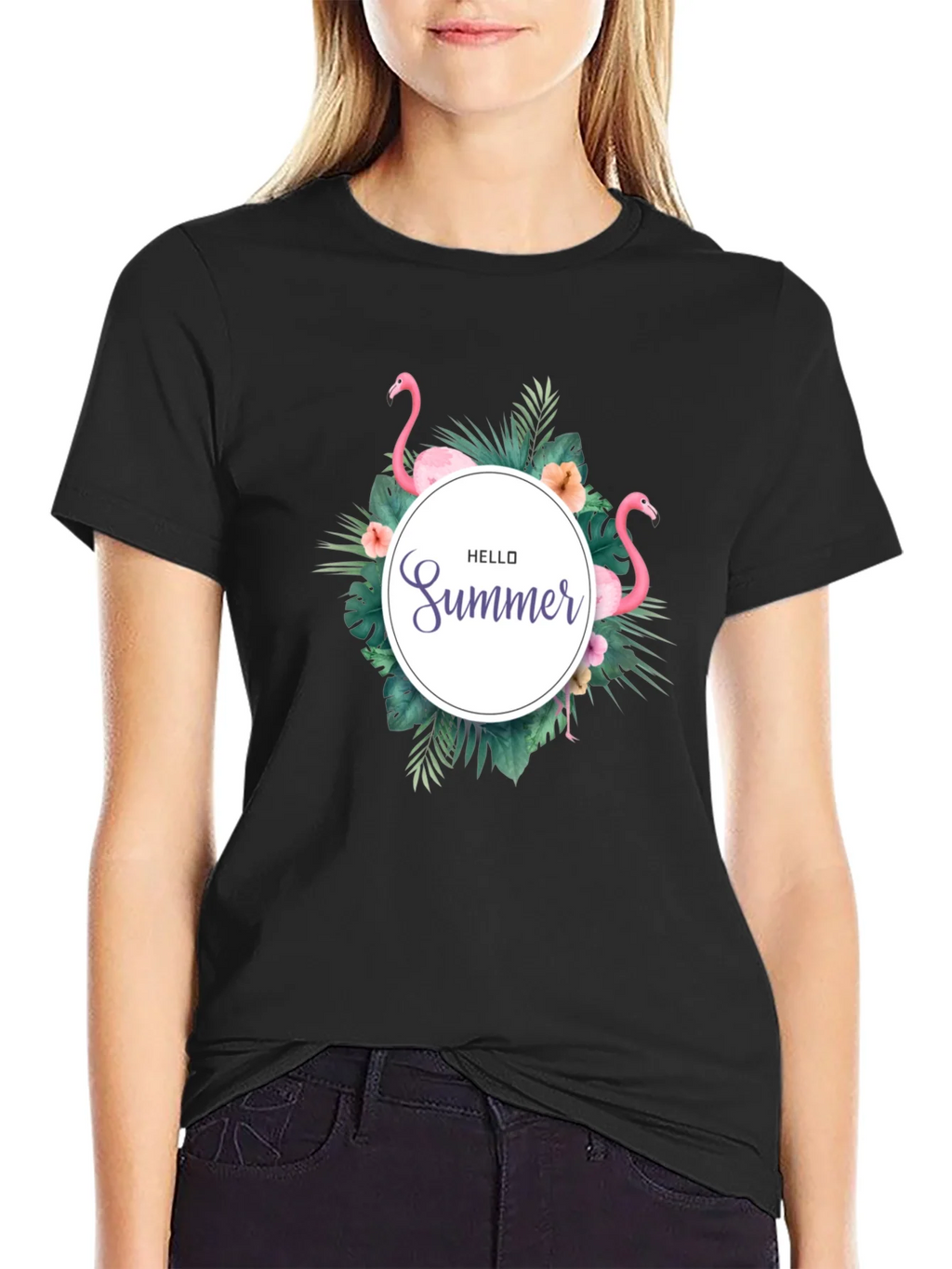 Tropical Flamingo Black T-Shirt - Hello Summer Design product image 2