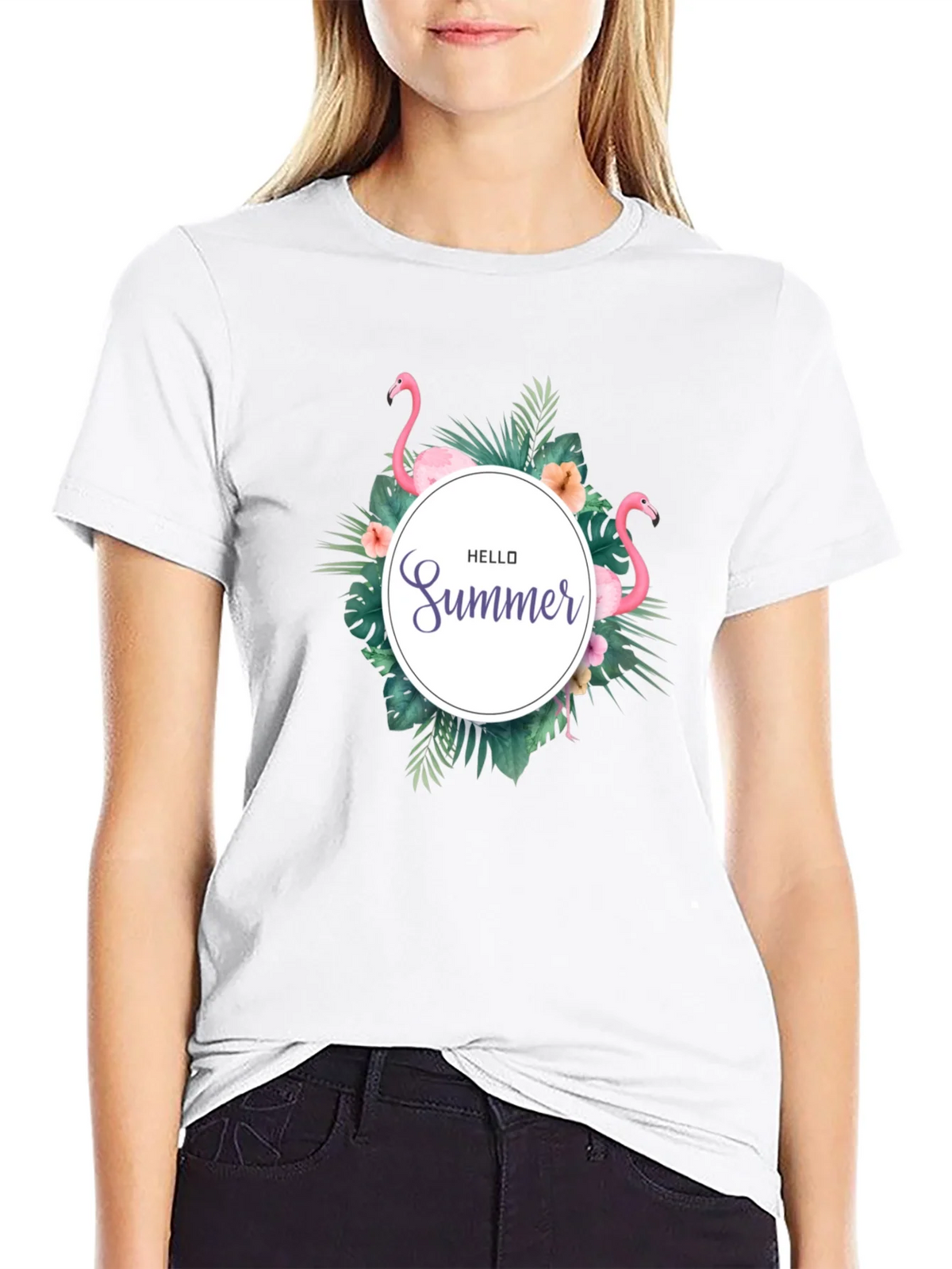 Tropical Flamingo Black T-Shirt - Hello Summer Design product image 8