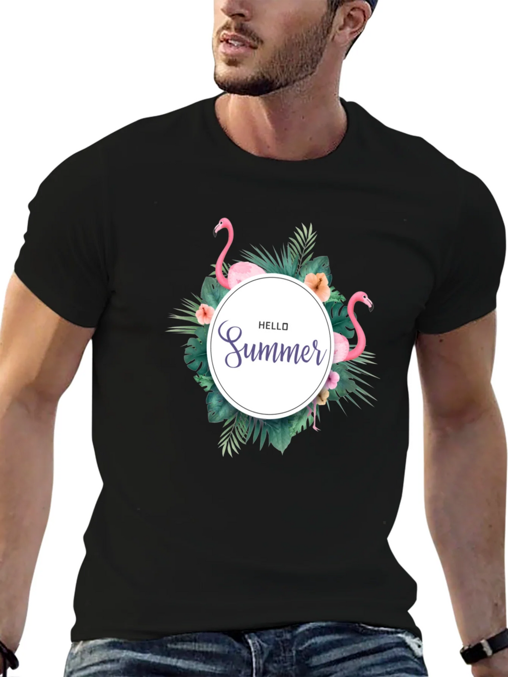 Tropical Flamingo Black T-Shirt - Hello Summer Design product image 6