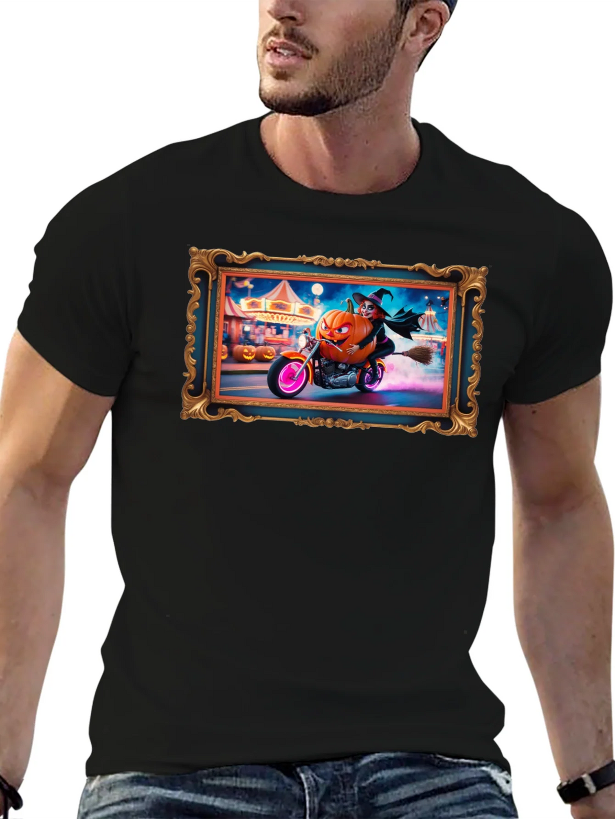 Halloween Witch Pumpkin Motorcycle T-Shirt product image 6