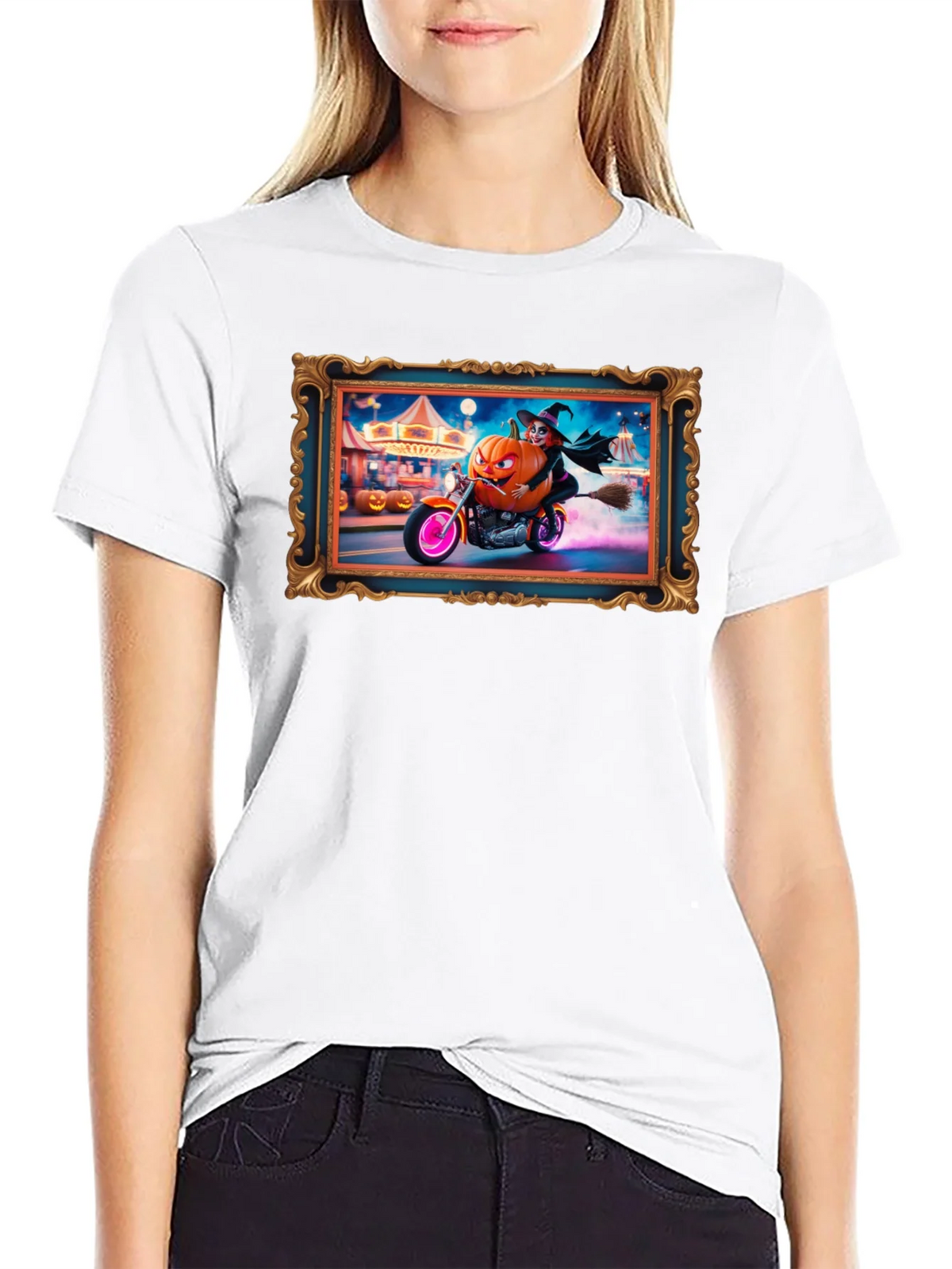 Halloween Witch Pumpkin Motorcycle T-Shirt product image 8
