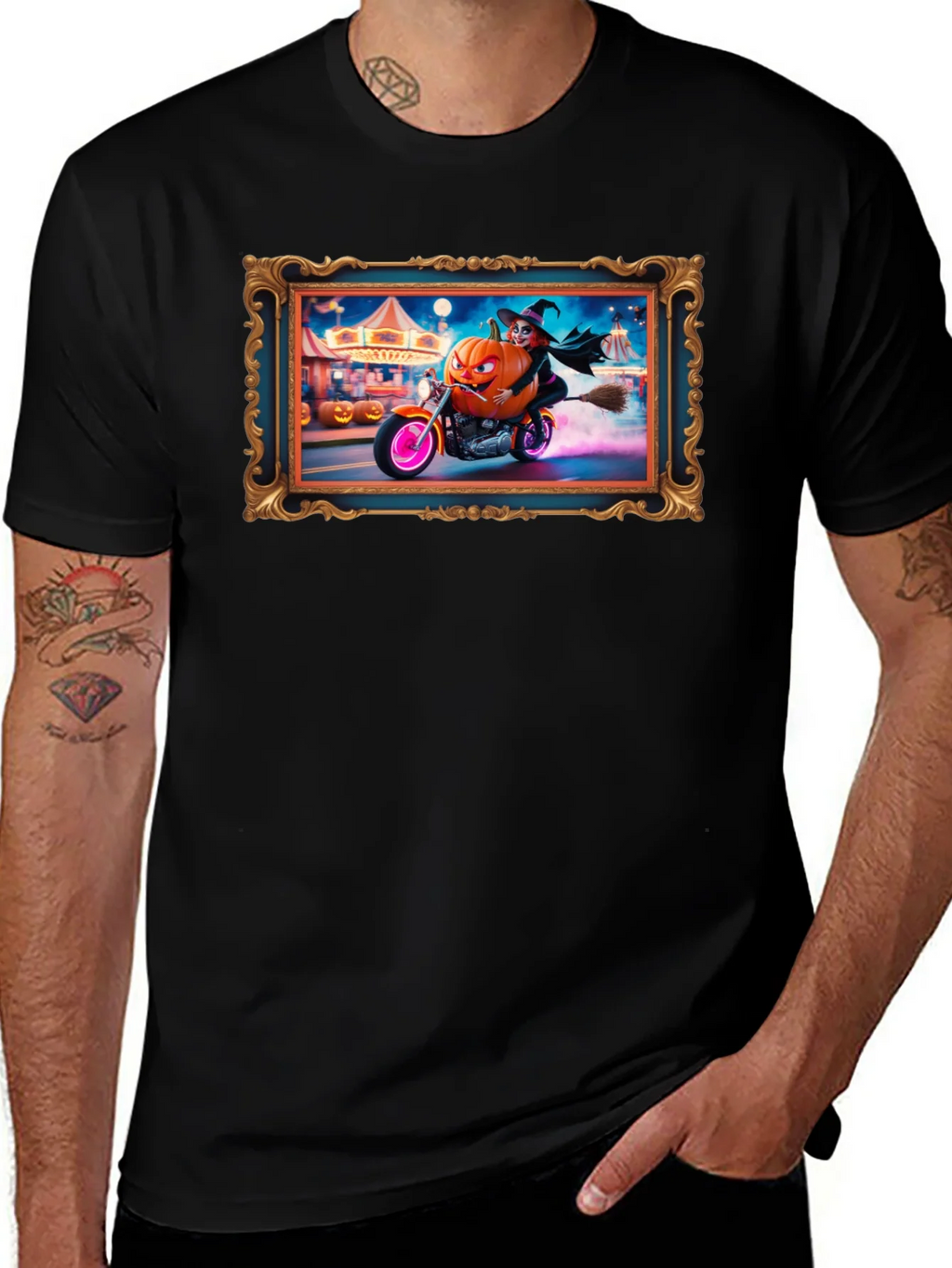 Halloween Witch Pumpkin Motorcycle T-Shirt product image 1