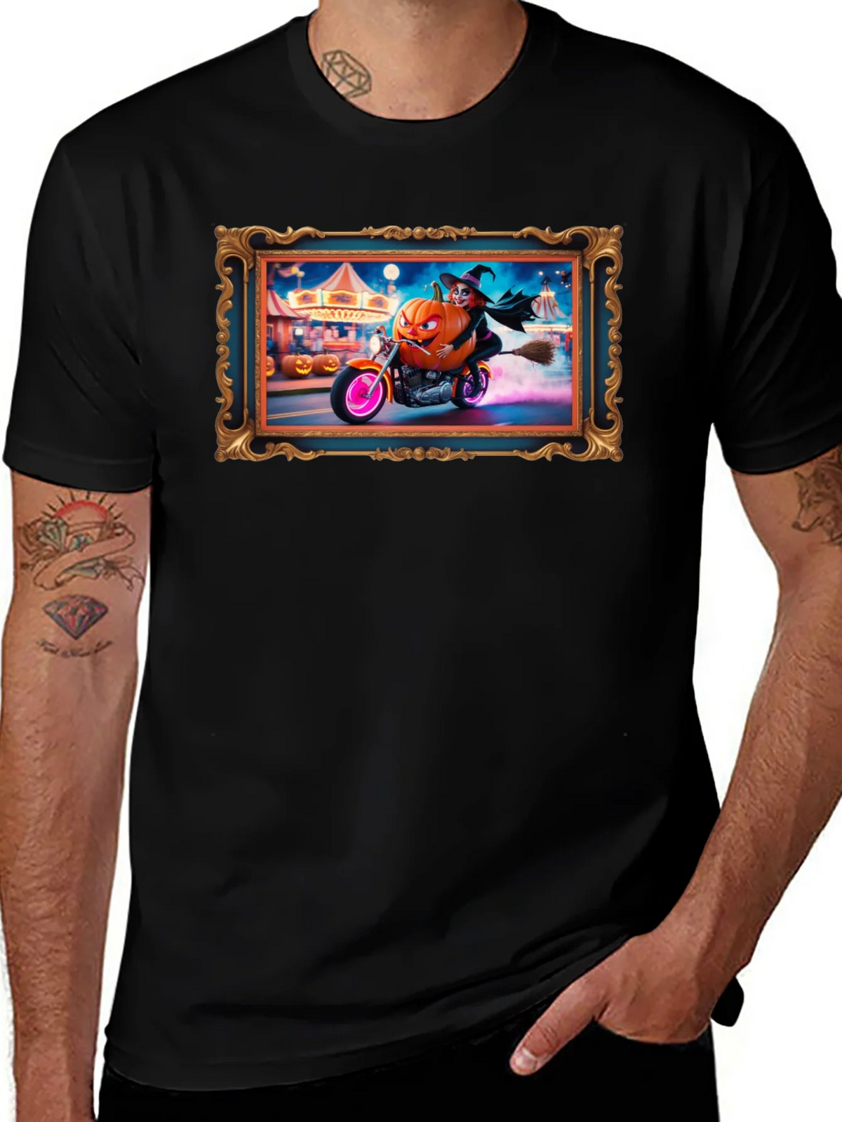 Halloween Witch Pumpkin Motorcycle T-Shirt product image 1