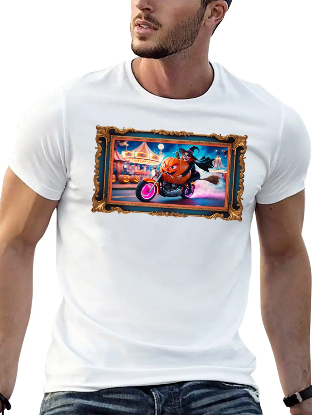 Halloween Witch Pumpkin Motorcycle T-Shirt product image 12