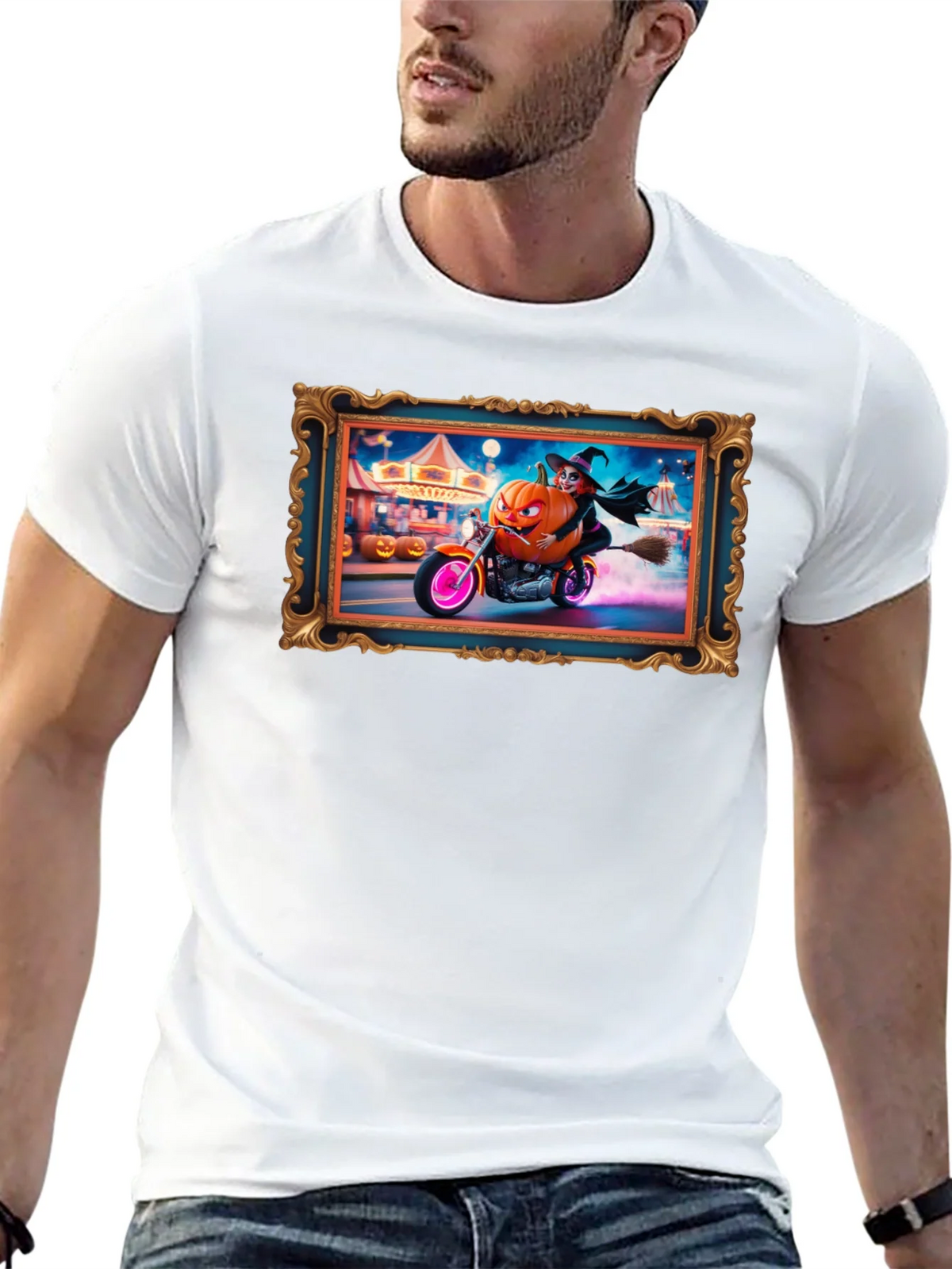 Halloween Witch Pumpkin Motorcycle T-Shirt product image 12