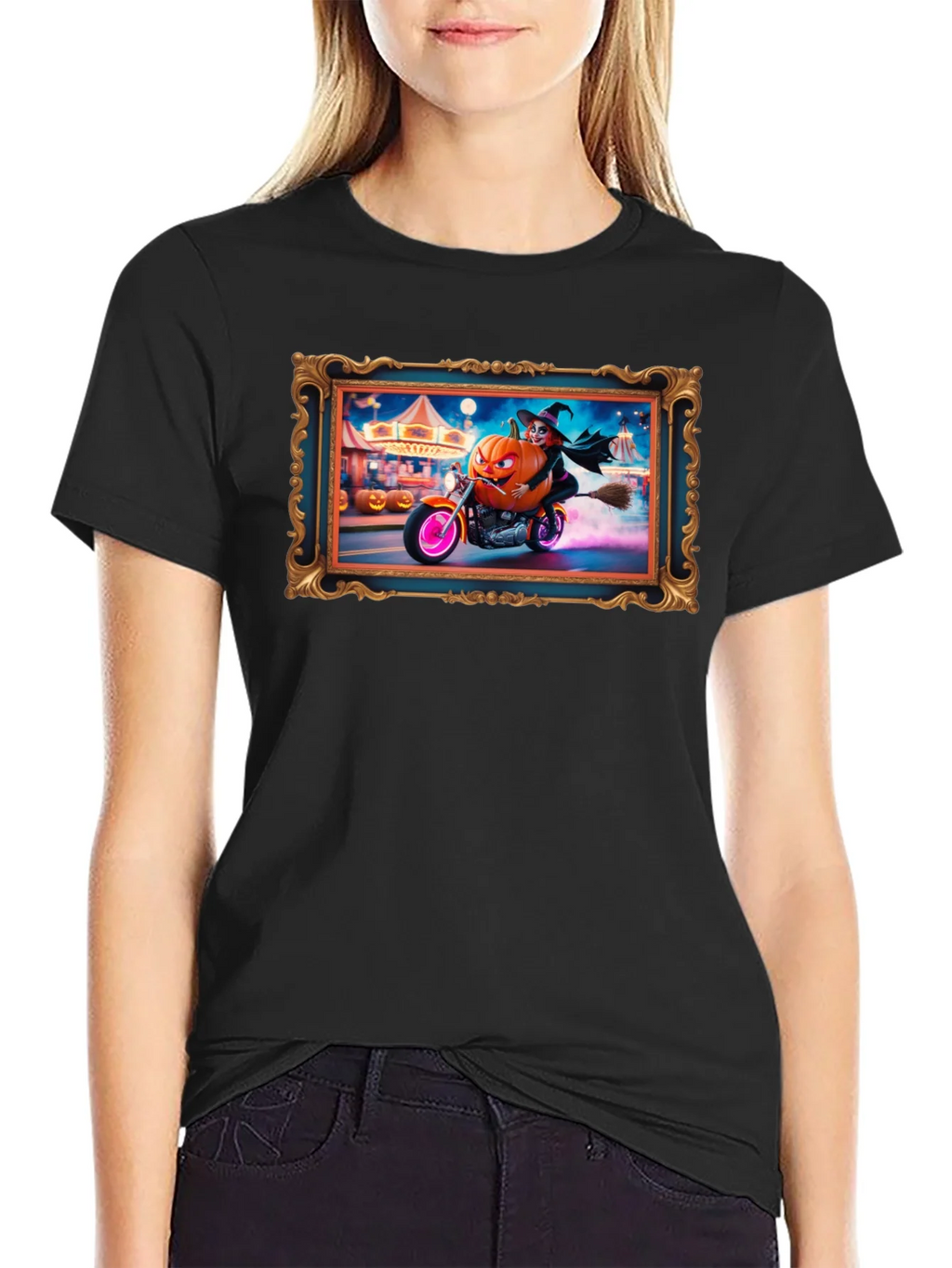 Halloween Witch Pumpkin Motorcycle T-Shirt product image 2