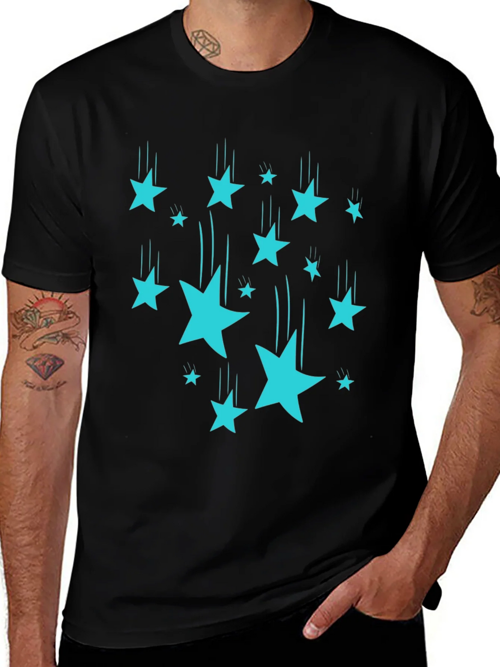 Stylish Black T-Shirt with Turquoise Falling Stars product image 1