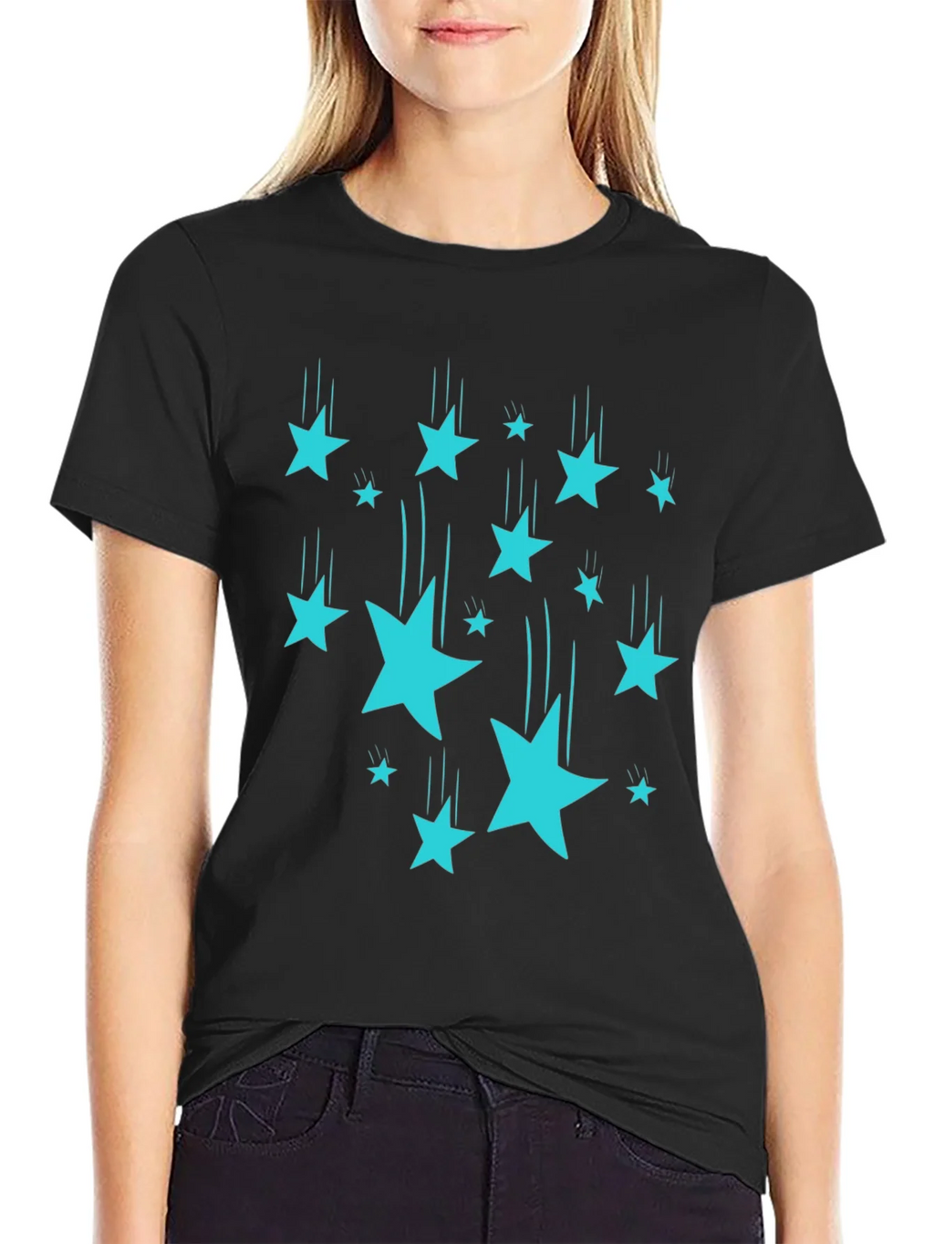Stylish Black T-Shirt with Turquoise Falling Stars product image 2