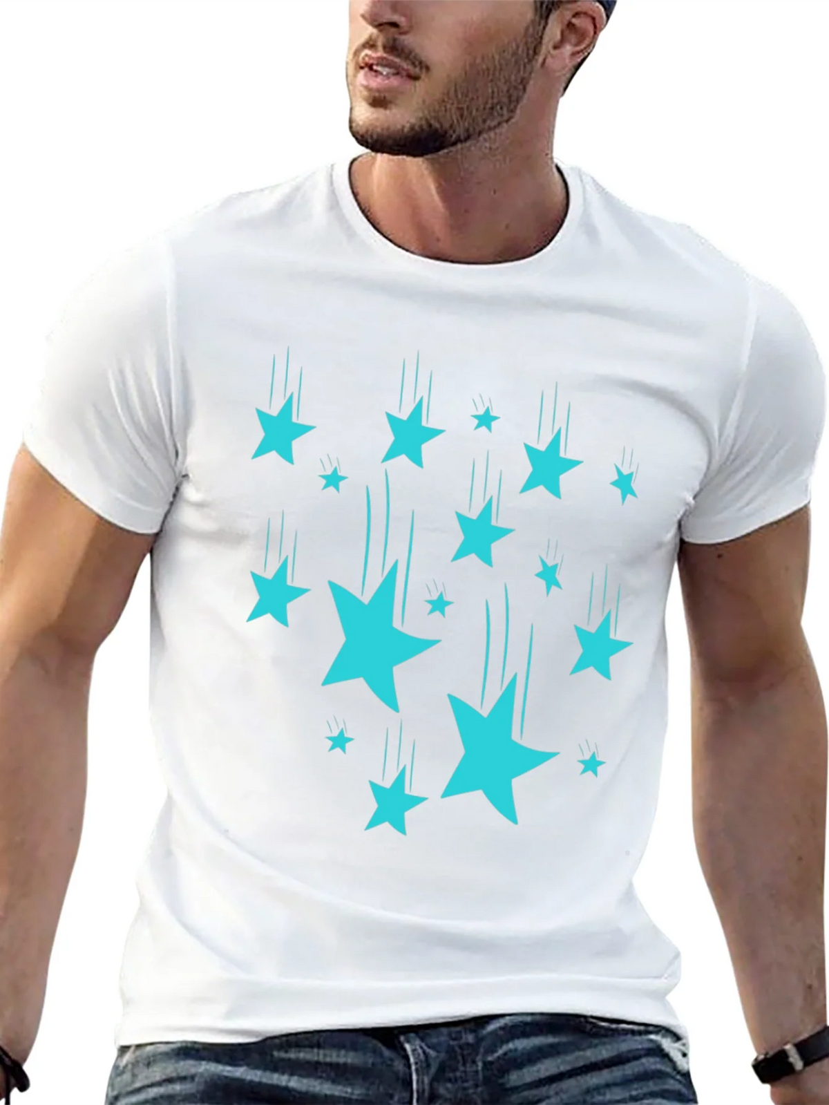 Stylish Black T-Shirt with Turquoise Falling Stars product image 12