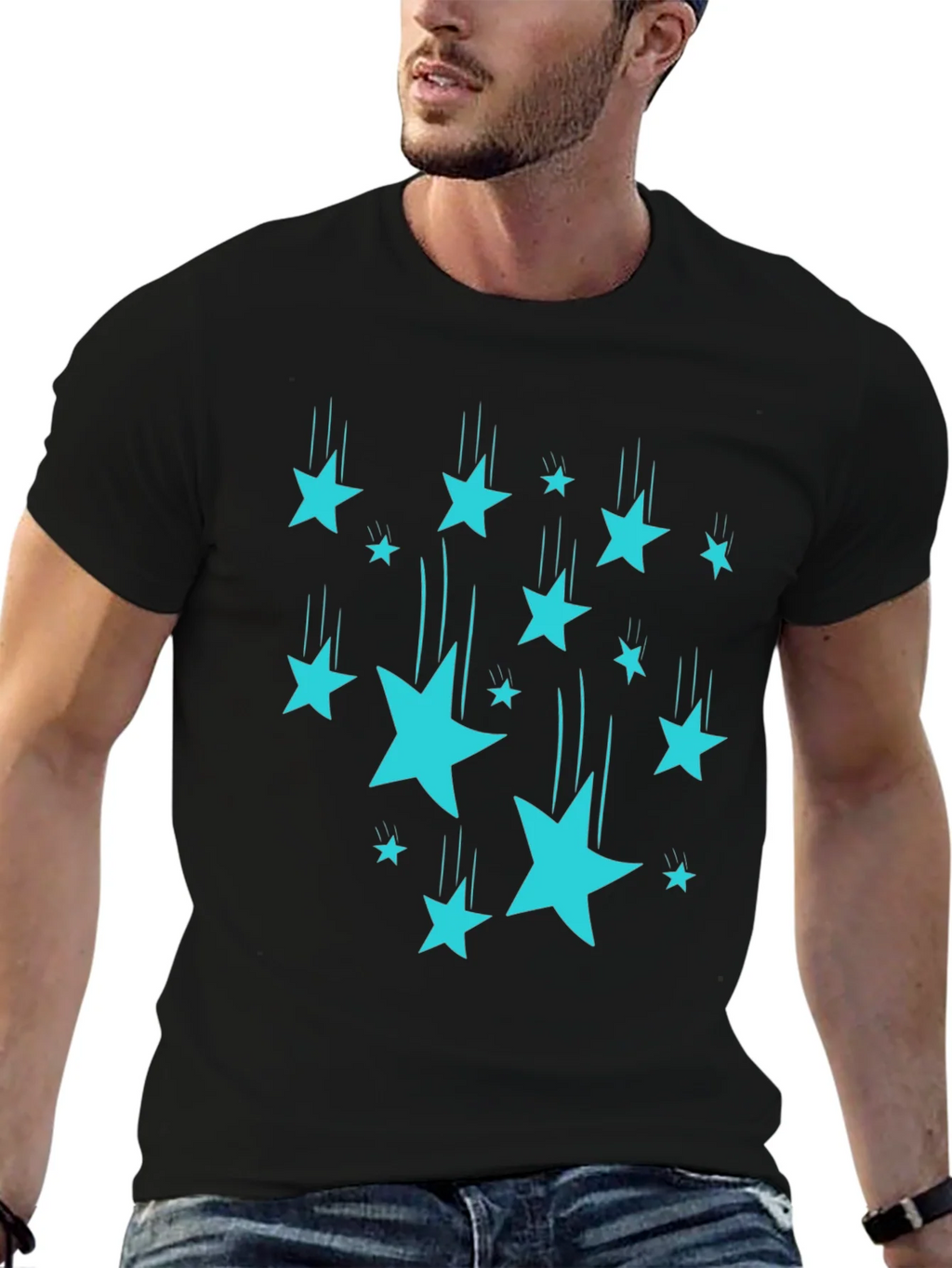 Stylish Black T-Shirt with Turquoise Falling Stars product image 6