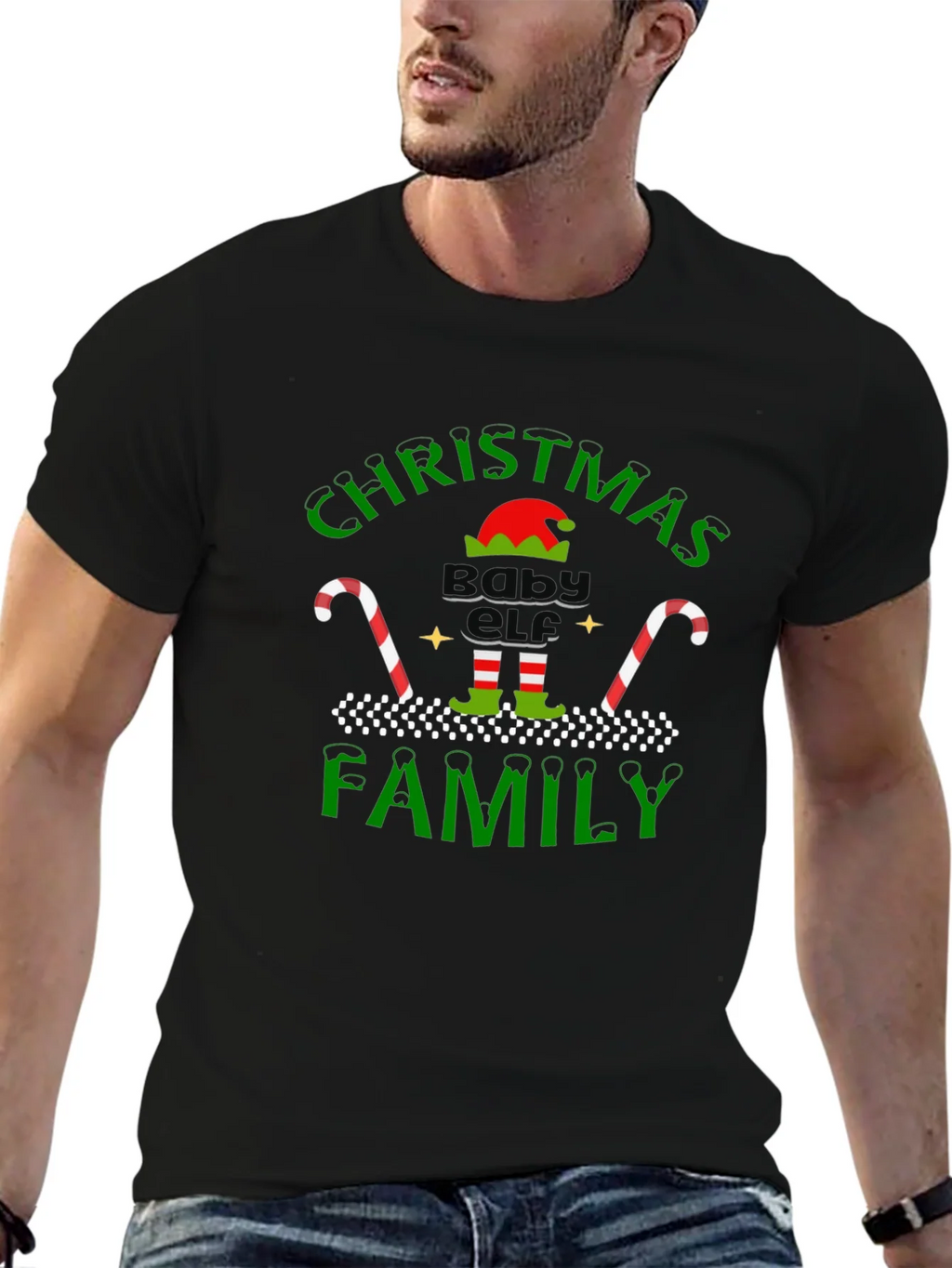 Christmas Baby Elf Family Black T-Shirt product image 6