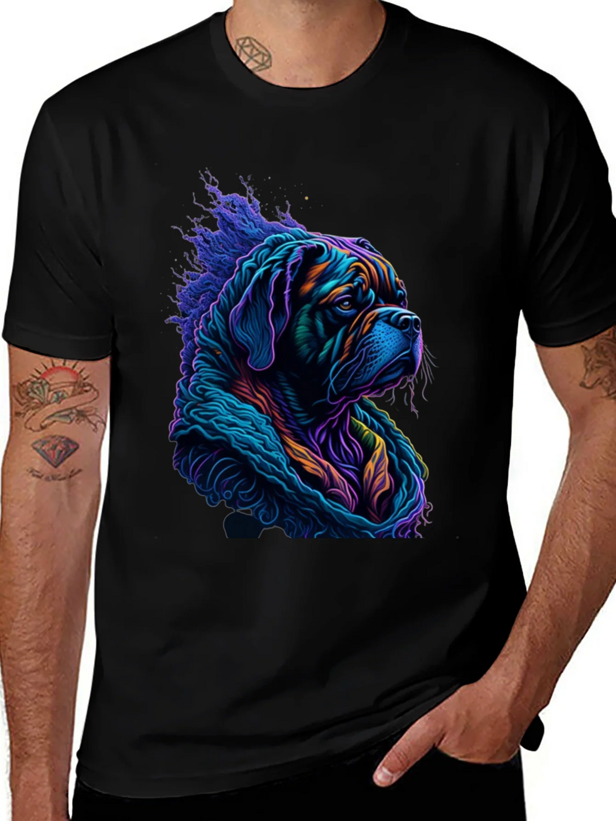 Vibrant Dog Graphic Tee - Stylish Mens Black T-Shirt product image 1