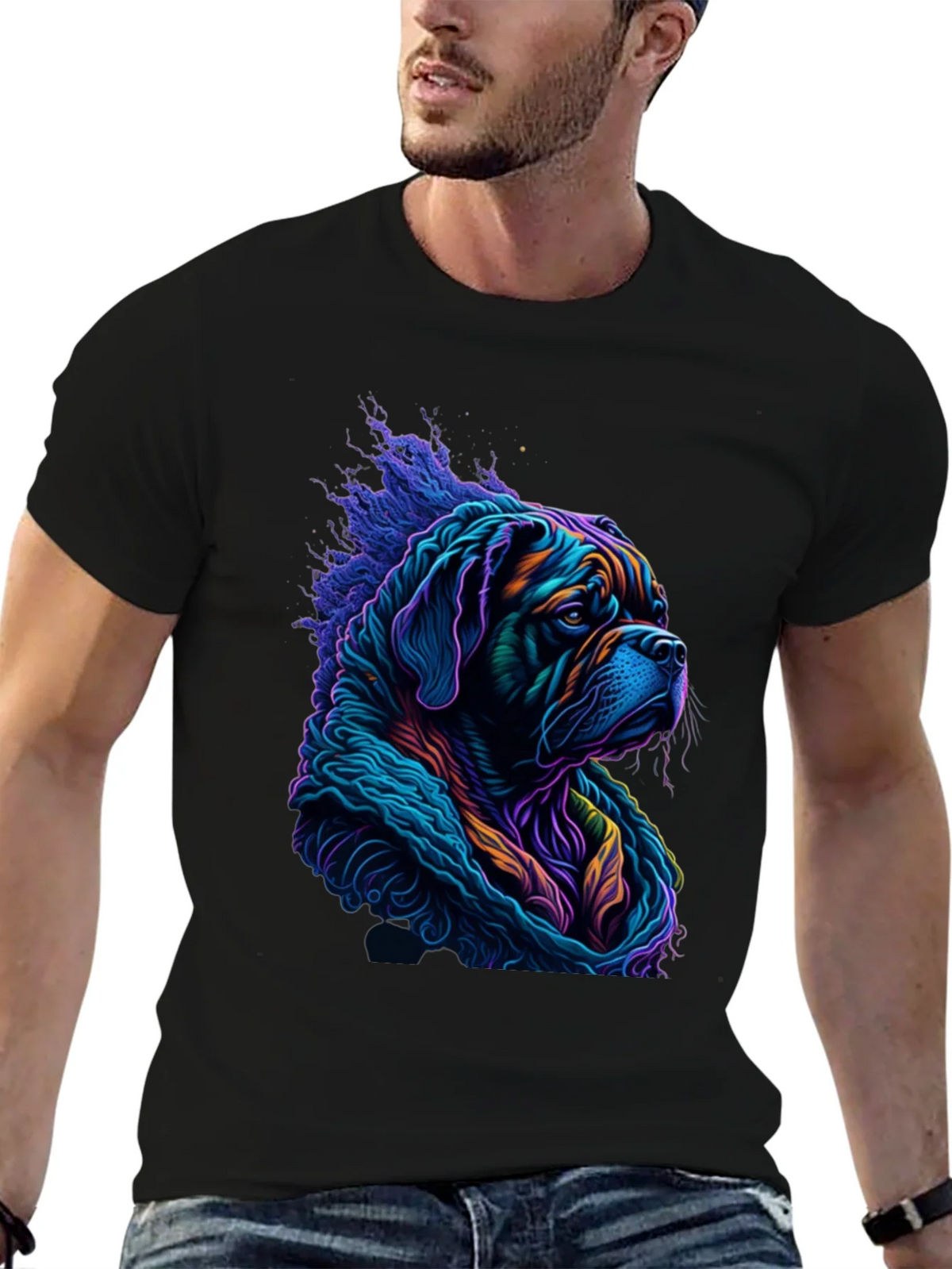 Vibrant Dog Graphic Tee - Stylish Mens Black T-Shirt product image 6