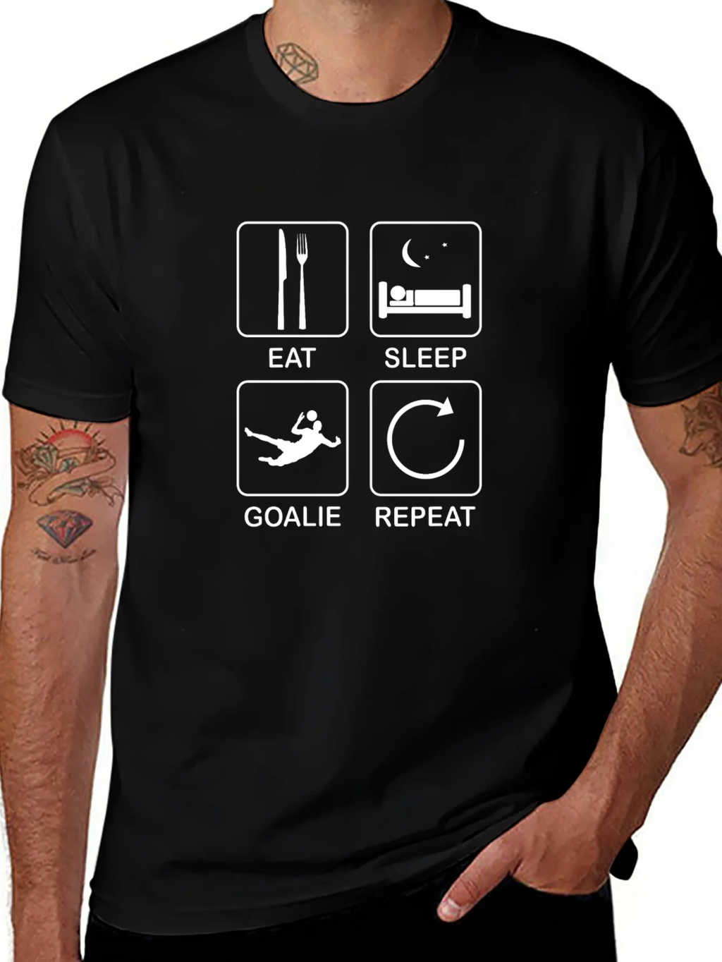 Eat Sleep Goalie Repeat Black Graphic T-Shirt product image 1