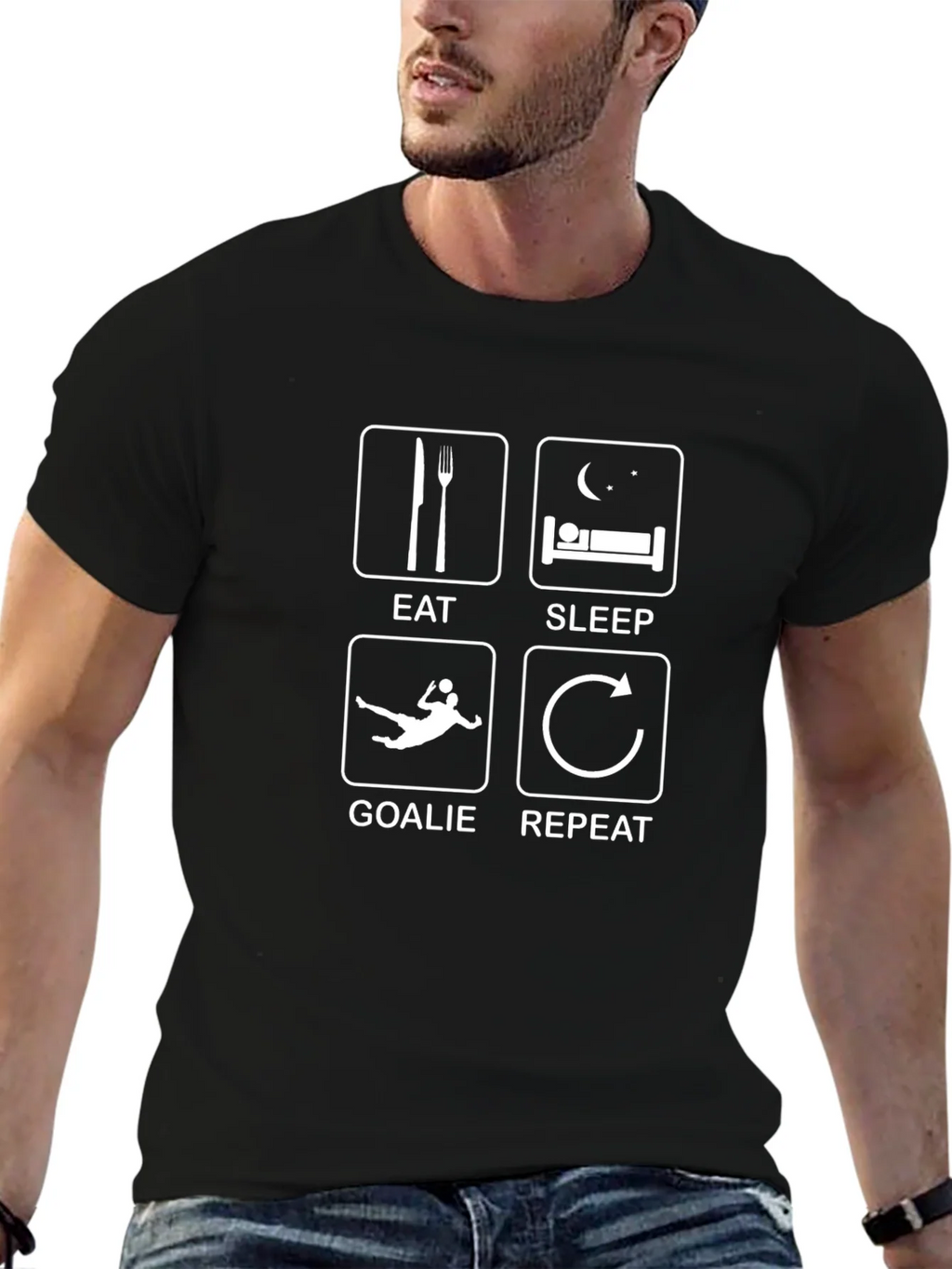 Eat Sleep Goalie Repeat Black Graphic T-Shirt product image 6